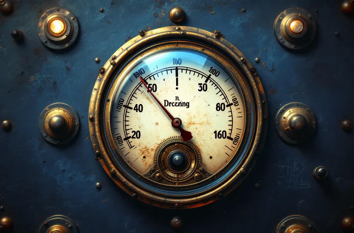 Brass pressure-gauge dial with a copper needle sweeping from high to low