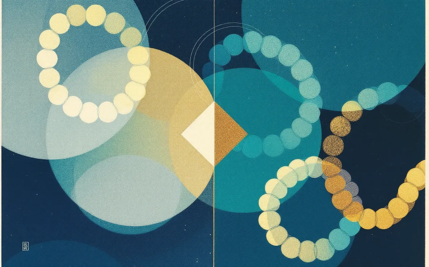 A flat cool-palette woodblock plate of an abstract nine-bead peptide chain shown inert on the left and brought to full color on the right once a gold zinc-key plate registers into its center, on a deep Prussian-indigo ground
