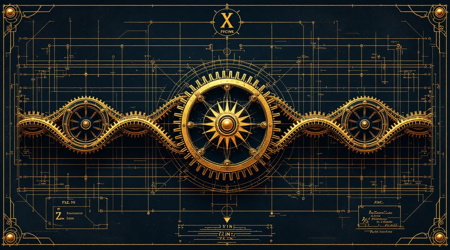 Brass-cogwheel engraving of a nine-unit peptide chain with a copper zinc ion locking the central socket