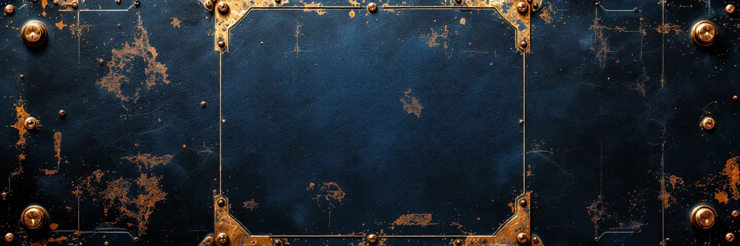 Dark riveted brass-and-navy machine panel texture band